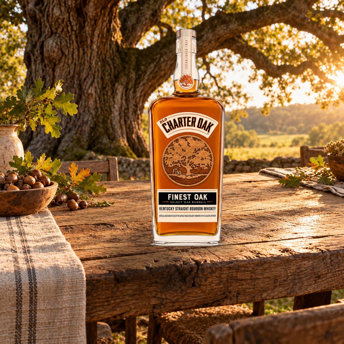 Old Charter Oak Finest Oak Kentucky Straight Bourbon Whiskey oak canopy table