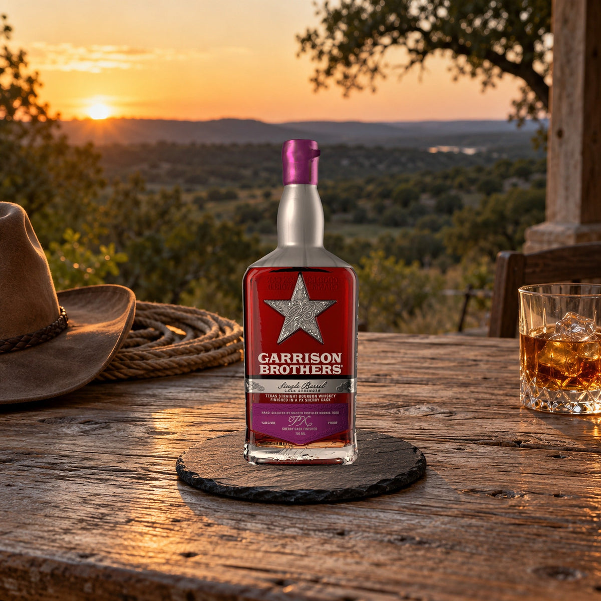 Garrison Brothers Ranch Reserve Single Barrel Cask Strength PX Sherry Cask Finished Bourbon lifestyle scene 1