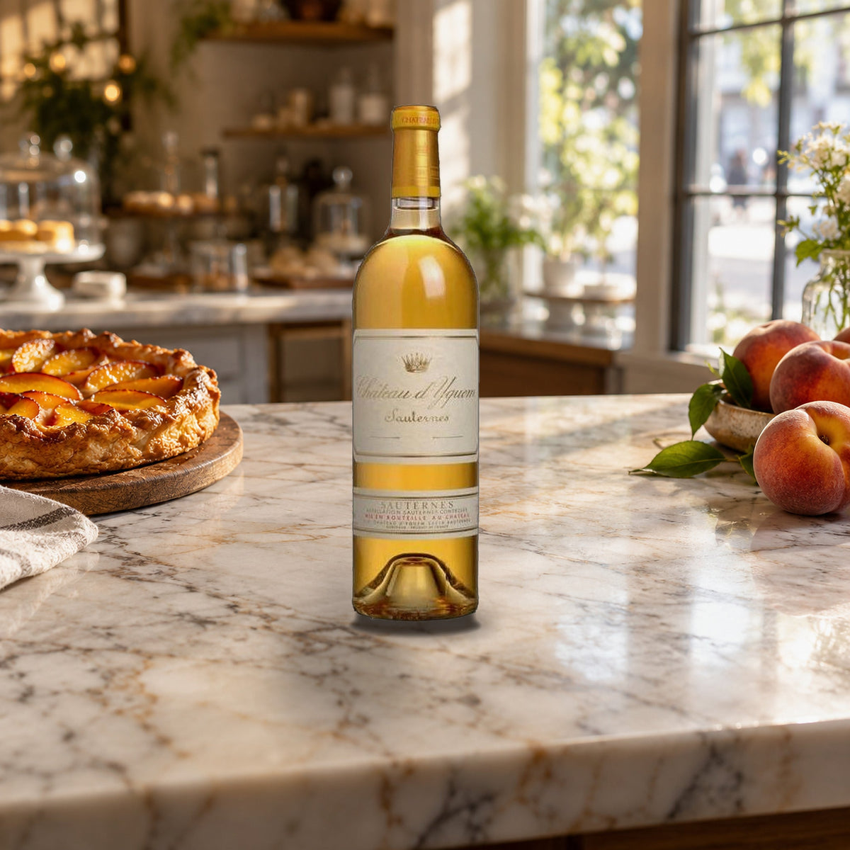 Chateau D'yquem Sauternes 2021 With Wood Box peach tart table