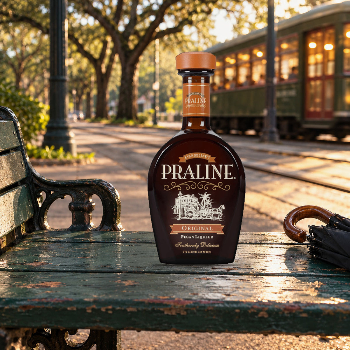 Praline Original Pecan Liqueur streetcar bench