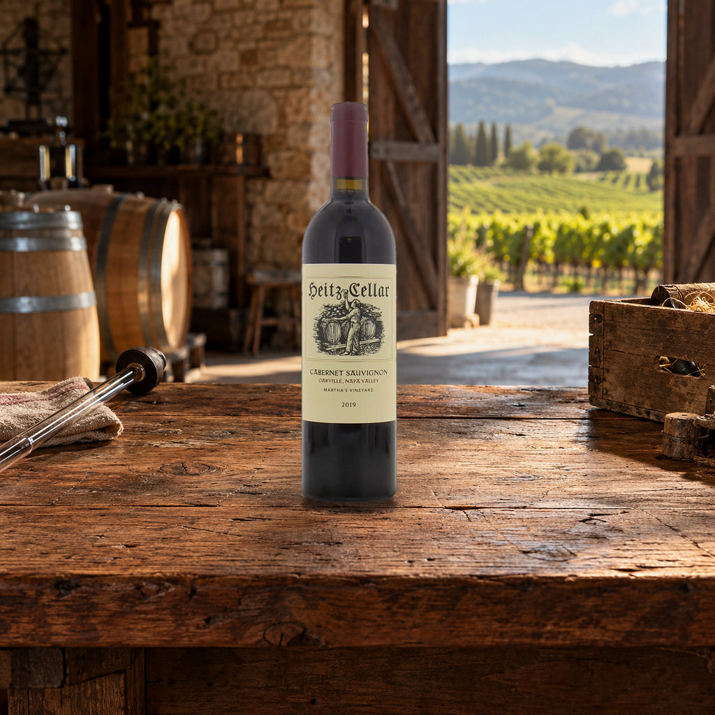 Heitz Cellar Cabernet Sauvignon Martha's Vineyard Napa Valley 2019 With Wood Box redwood barn bench