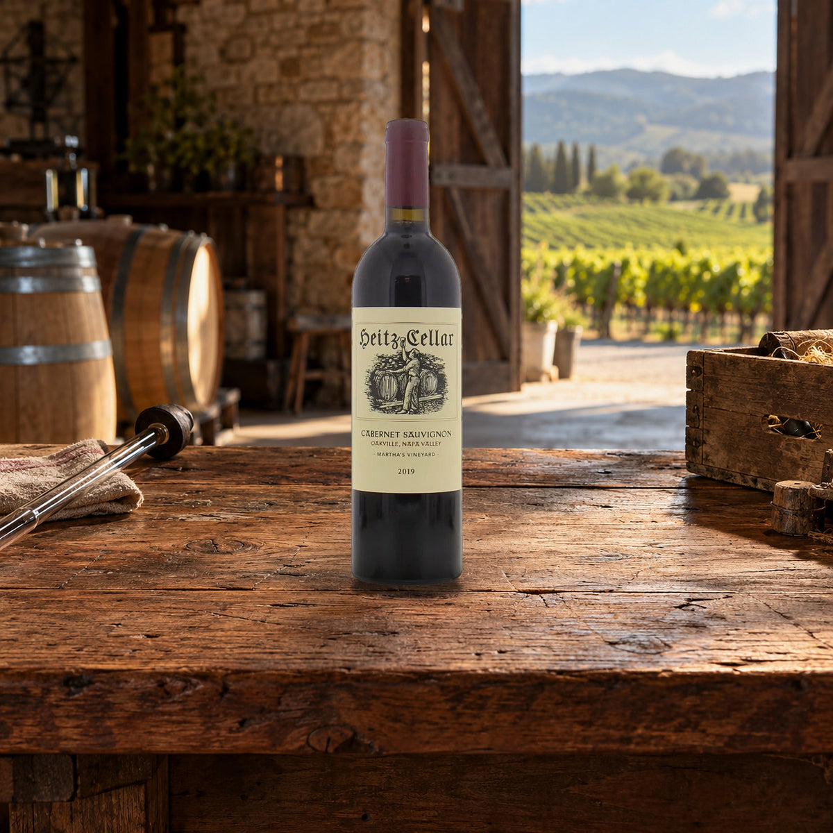 Heitz Cellar Cabernet Sauvignon Martha's Vineyard Napa Valley 2019 With Wood Box redwood barn bench