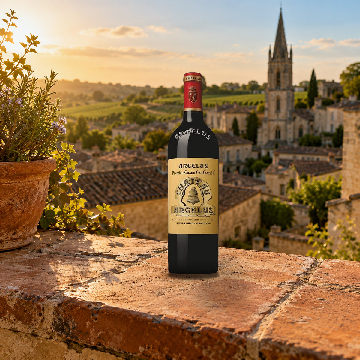 Chateau Angelus Saint Emilion Grand Cru 2022 With Wood Box rooftop terracotta terrace