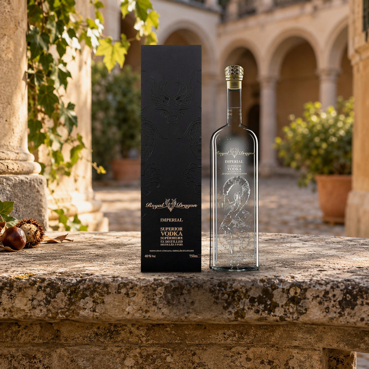 Royal Dragon Imperial Vodka castle courtyard bench
