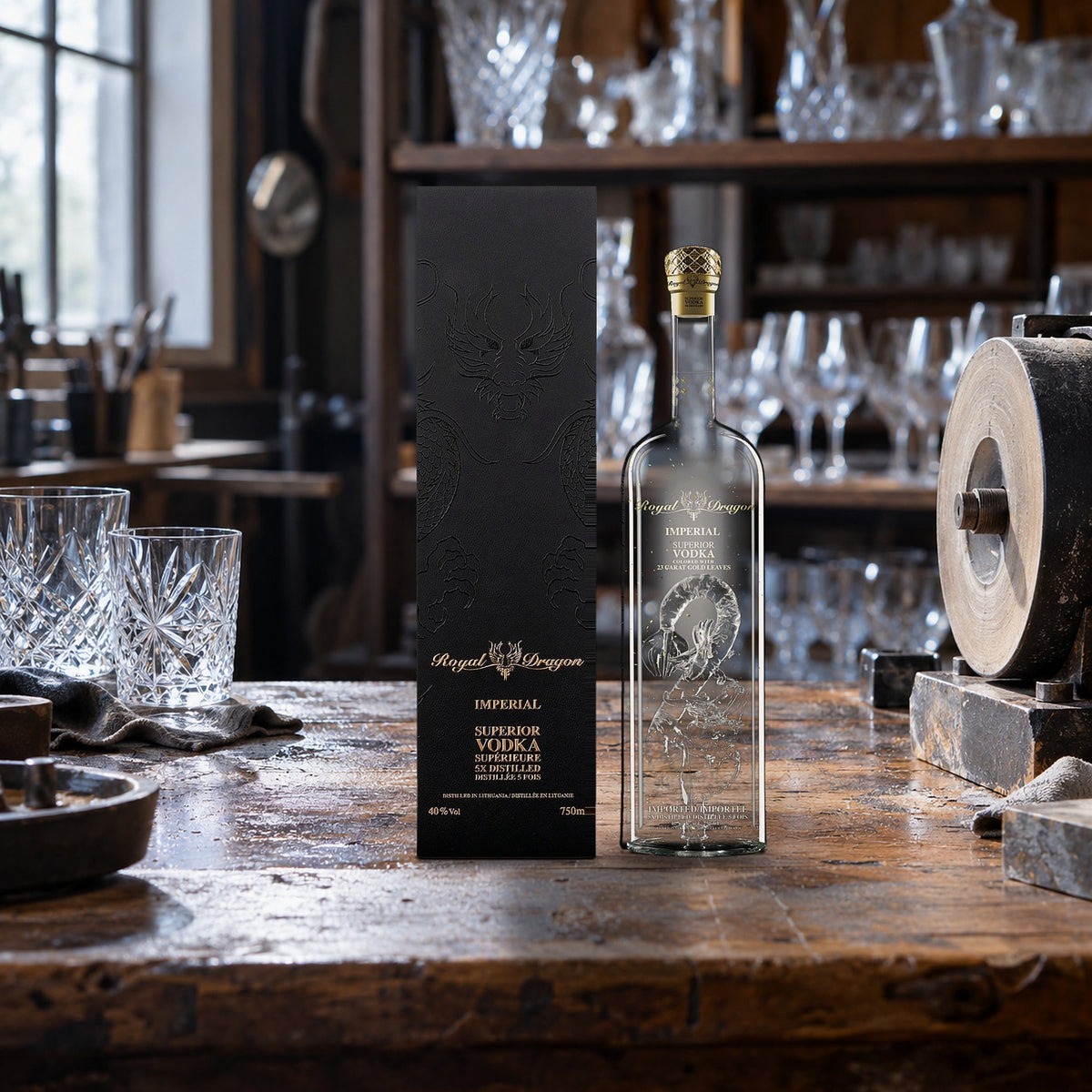 Royal Dragon Imperial Vodka crystal cutting bench