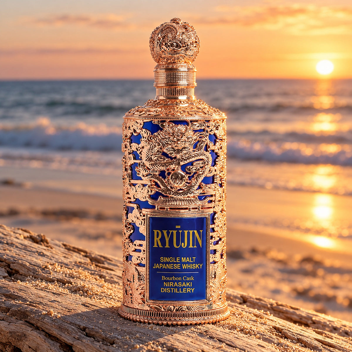 Ryujin Single Malt Bourbon Cask Japanese Whisky on the beach at sunset