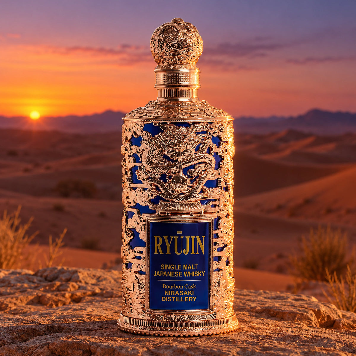 Ryujin Single Malt Bourbon Cask Japanese Whisky in the desert at dusk