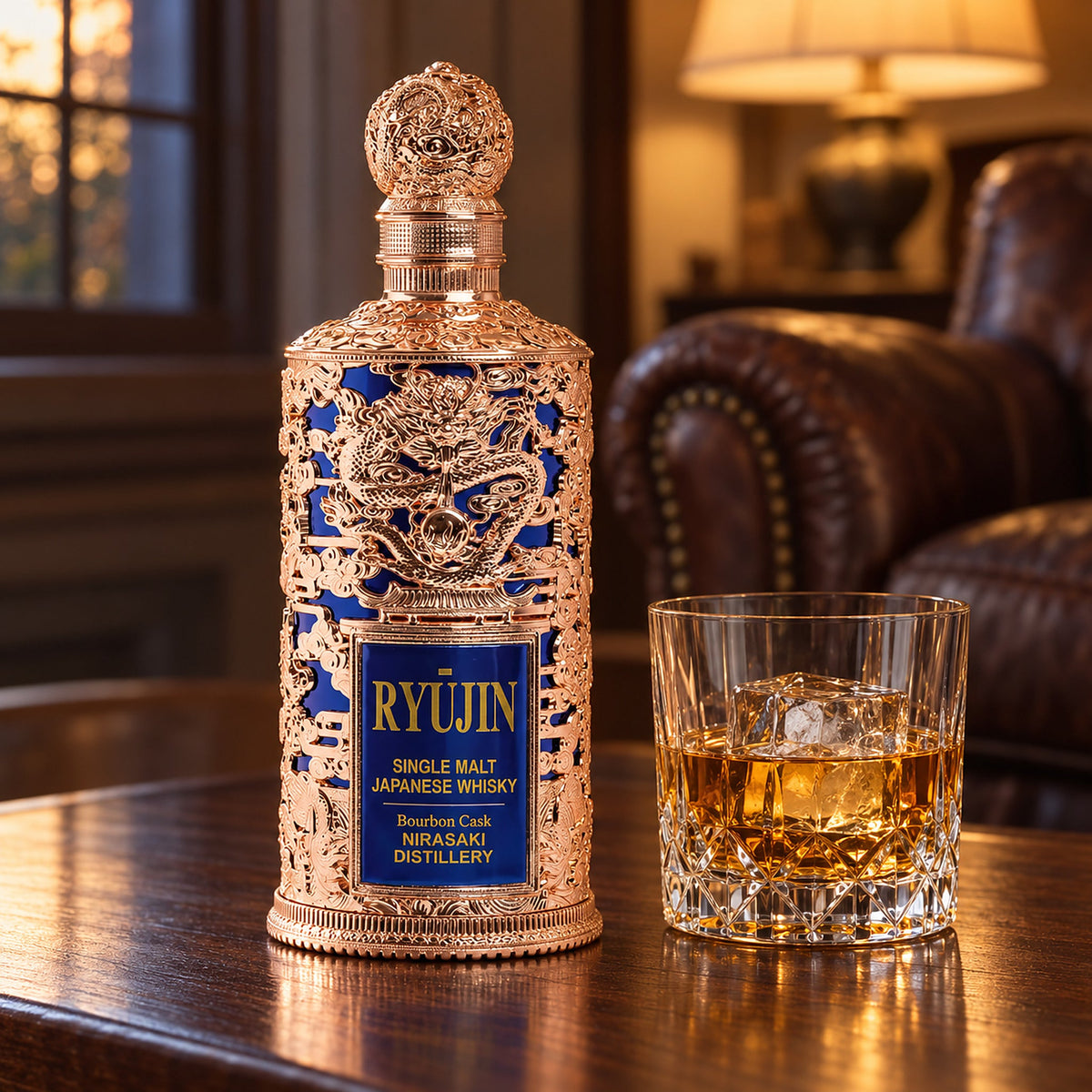 Ryujin Single Malt Bourbon Cask Japanese Whisky at home with a glass