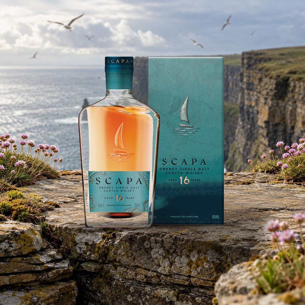 Scapa Single Malt Scotch 16 Year Old Whiskey orkney cliff ledge