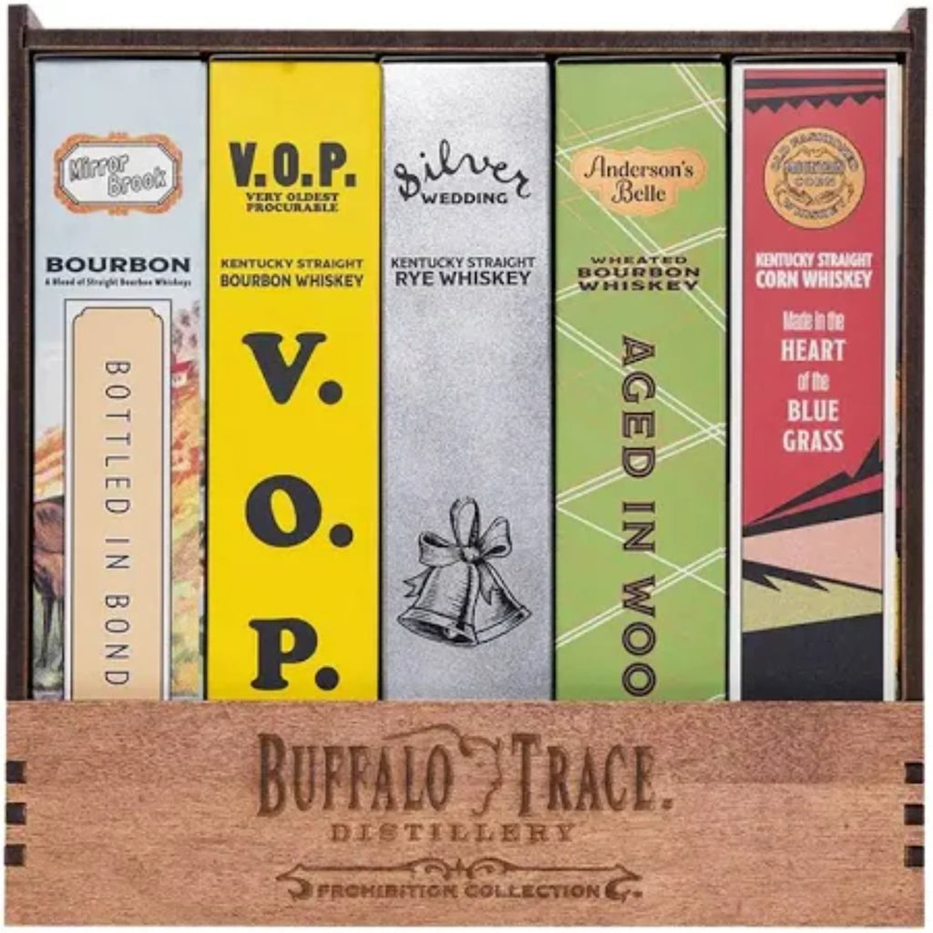 Collection of Buffalo Trace bourbon boxes in a wooden display case.