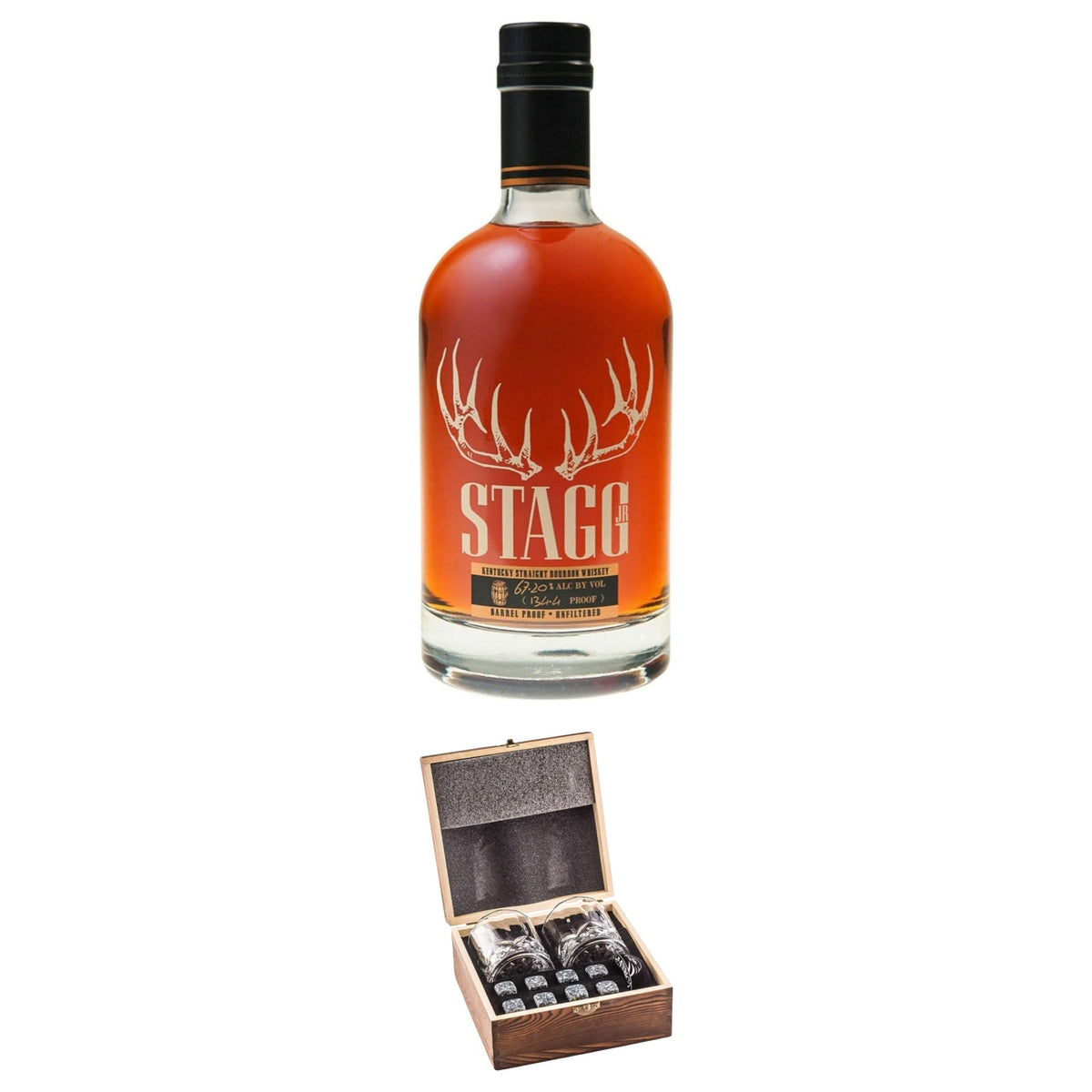 Stagg Jr. With Gift — Wooden Box, 2 Glasses & Whiskey Stones