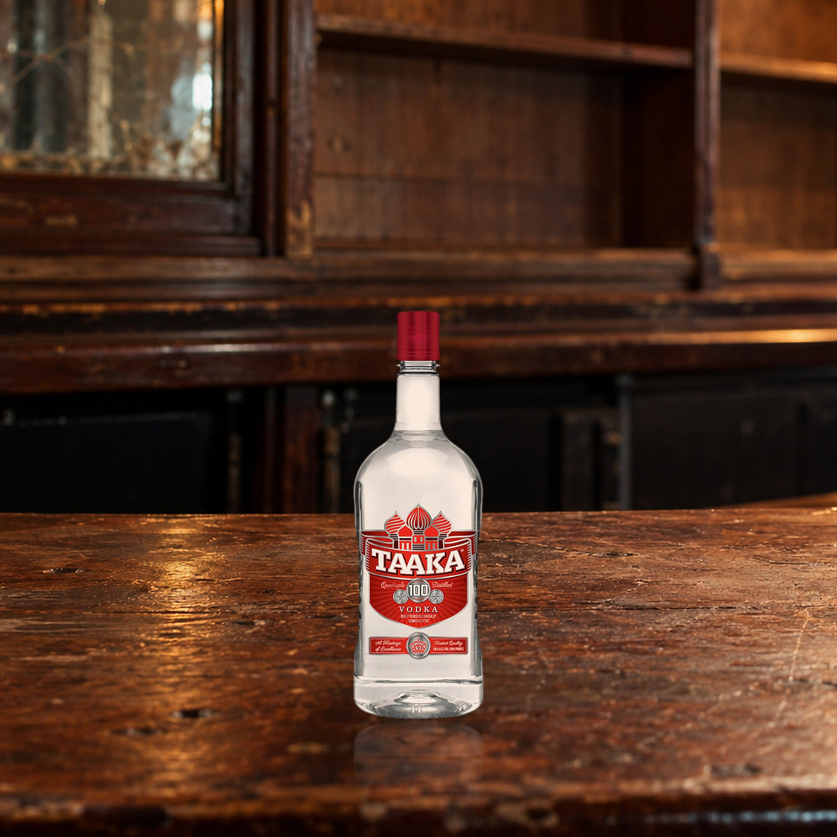 Taaka 100 Proof Vodka dive bar counter