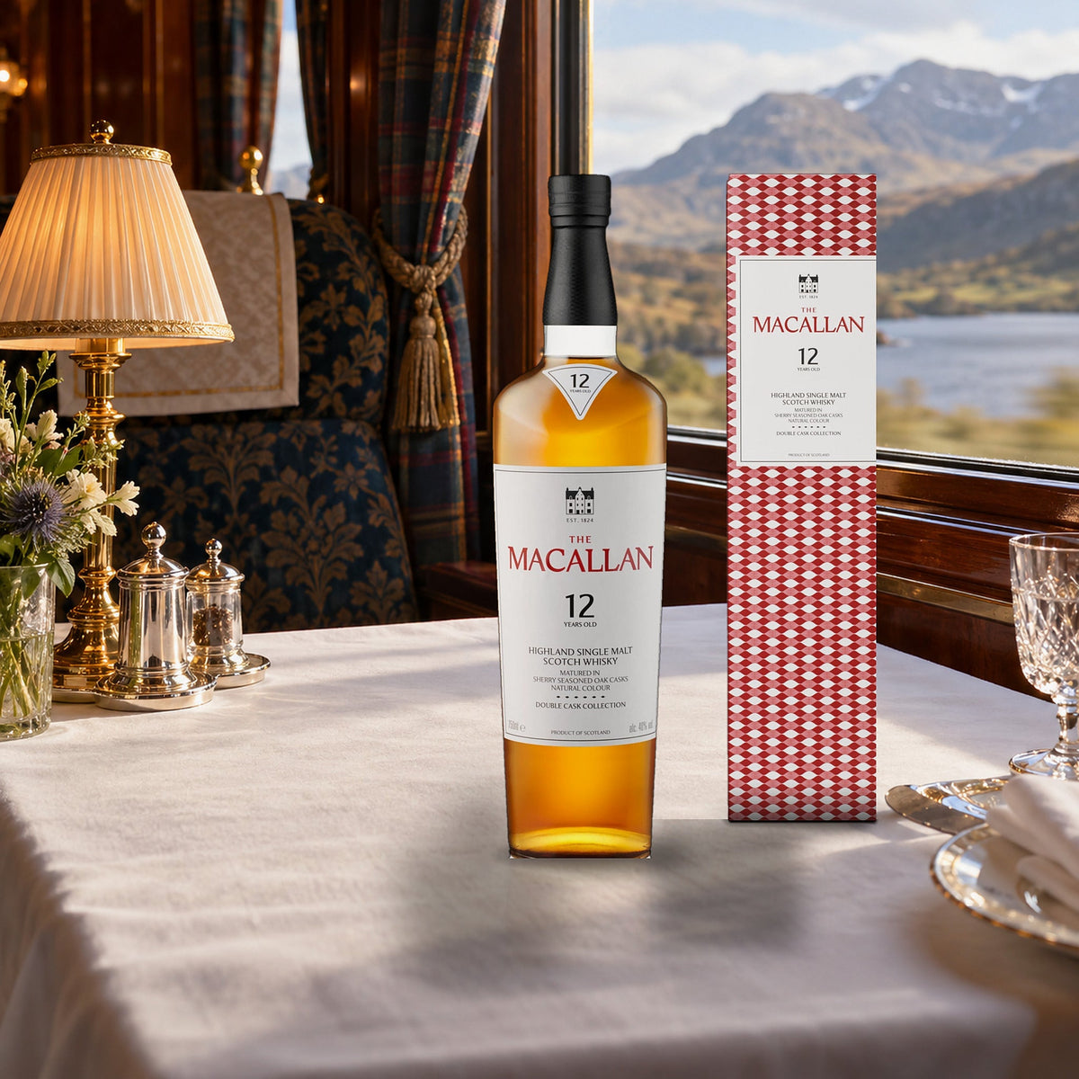 The Macallan 12 Year Old Double Cask Single Malt Scotch Whiskey railway dining car