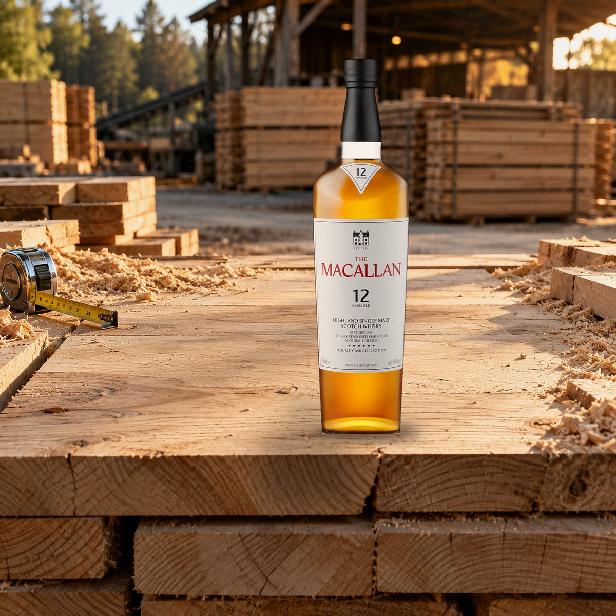 The Macallan 12 Year Old Double Cask Single Malt Scotch Whiskey sawmill stack