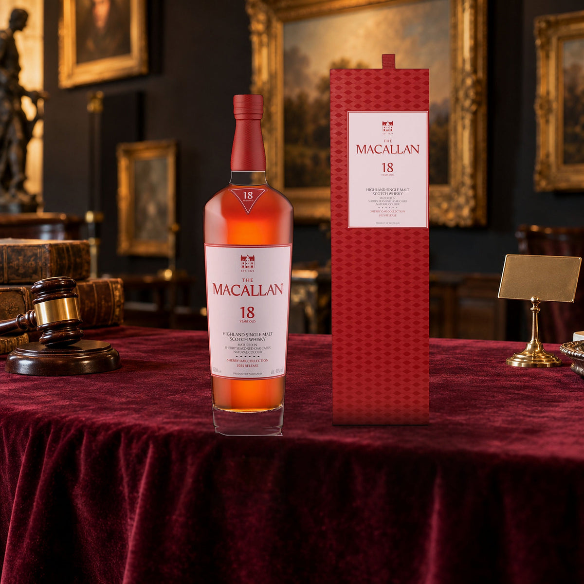 The Macallan 18 Year Old Sherry Oak Single Malt Scotch Whiskey auction table