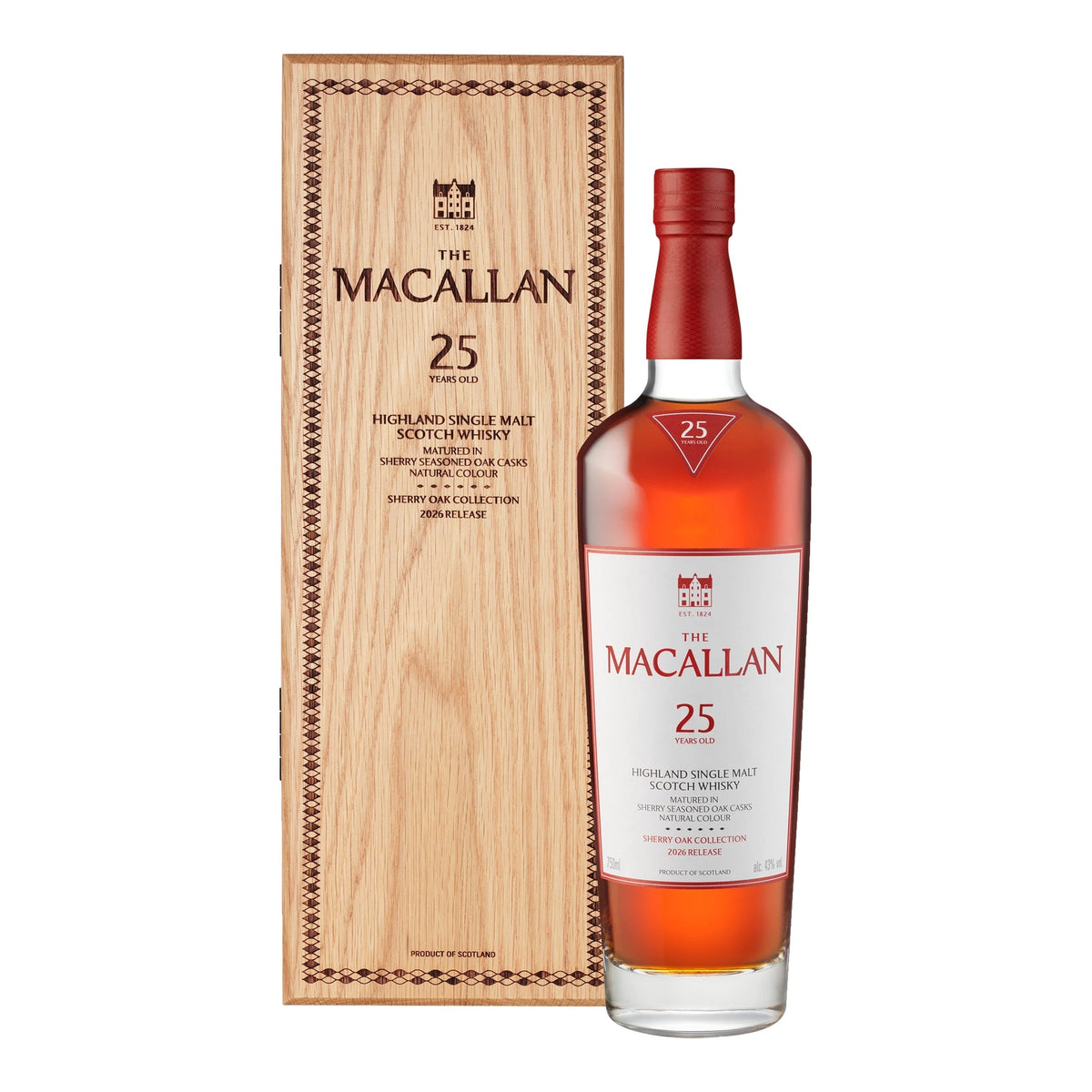 The Macallan 25 Year Old Sherry Oak 2026 Release Single Malt Scotch Whiskey with wooden box