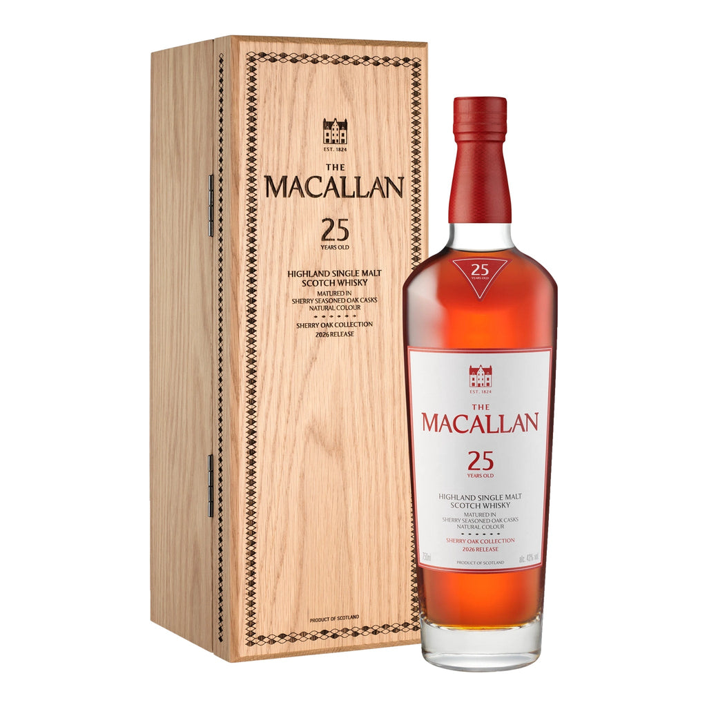 The Macallan 25 Year Old Sherry Oak 2026 Release bottle and oak presentation box, angled view