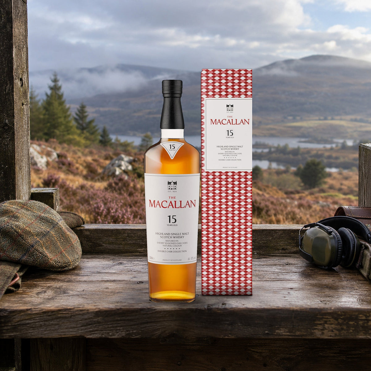 The Macallan Double Cask 15 Years Old Single Malt Scotch Whiskey shooting stand