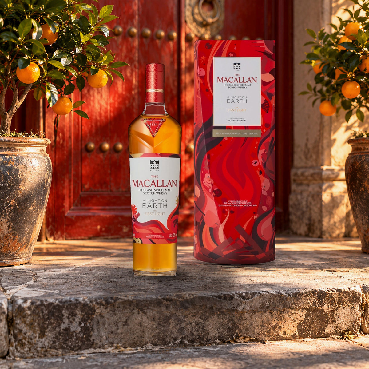 The Macallan Scotch Single Malt A Night on Earth The First Light 2025 Whiskey red door step