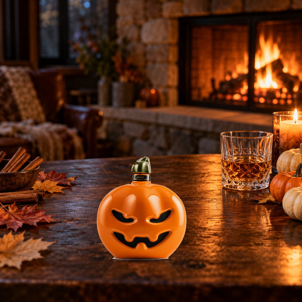 Tierra Sagrada Añejo Tequila Halloween Edition by the fireplace with a glass