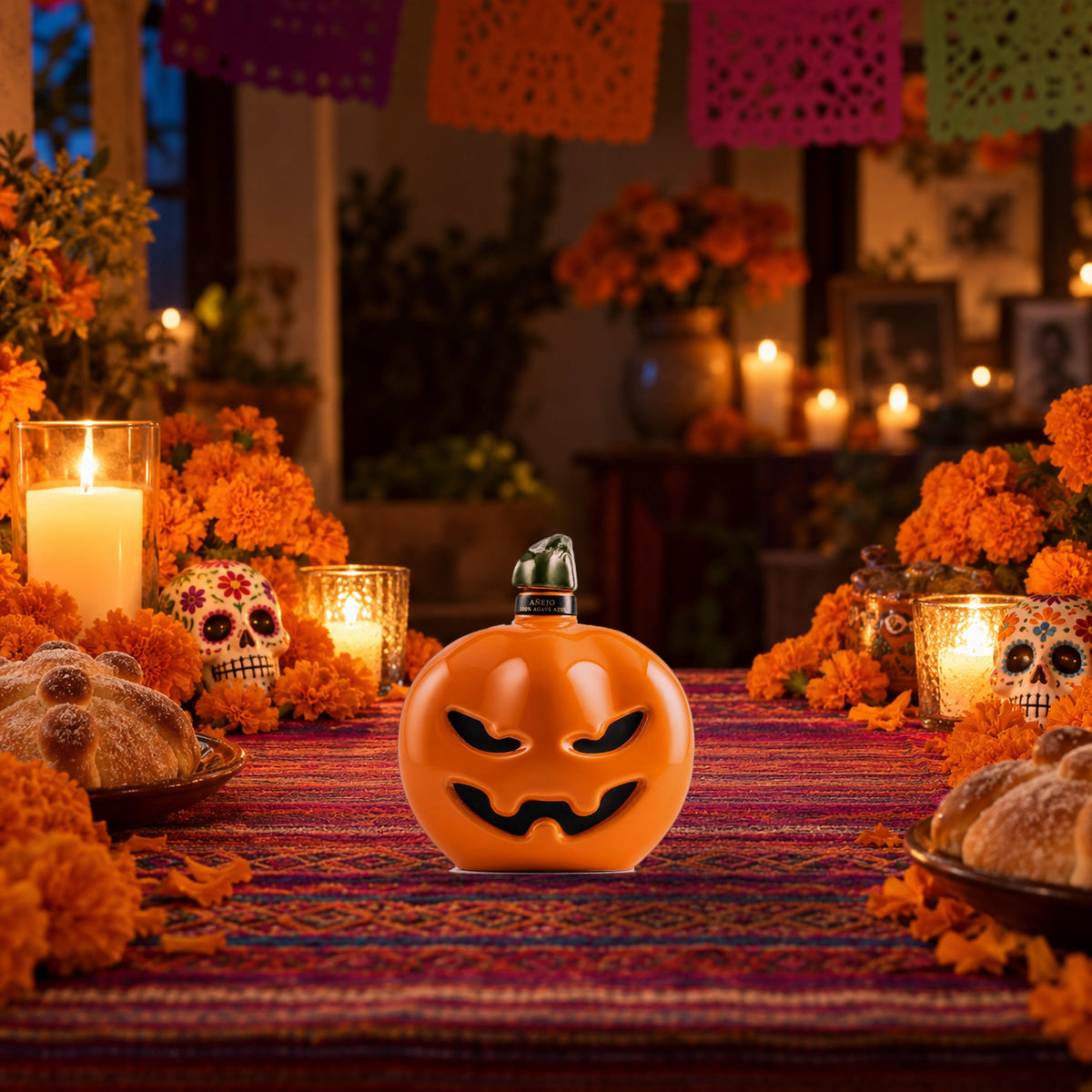 Tierra Sagrada Añejo Tequila Halloween Edition on a Día de los Muertos ofrenda