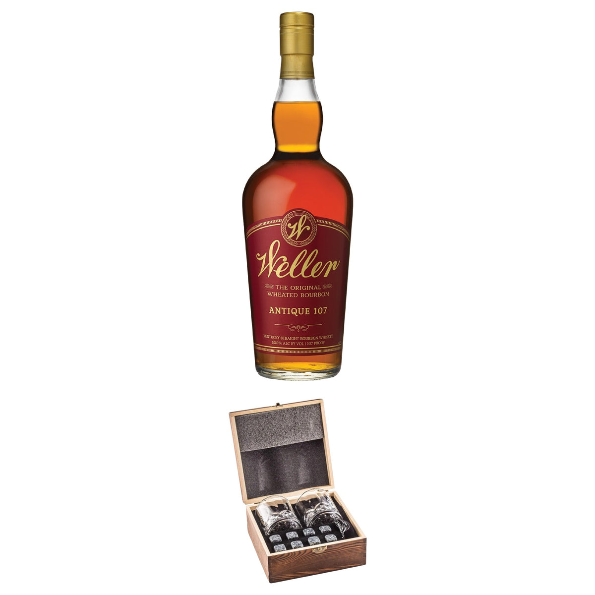 Weller Antique 107 With Gift — Wooden Box, 2 Glasses & Whiskey Stones