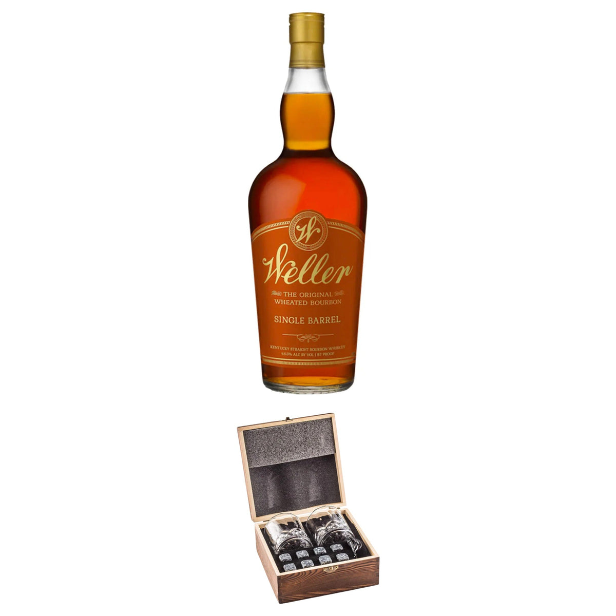 Weller Single Barrel With Gift — Wooden Box, 2 Glasses & Whiskey Stones