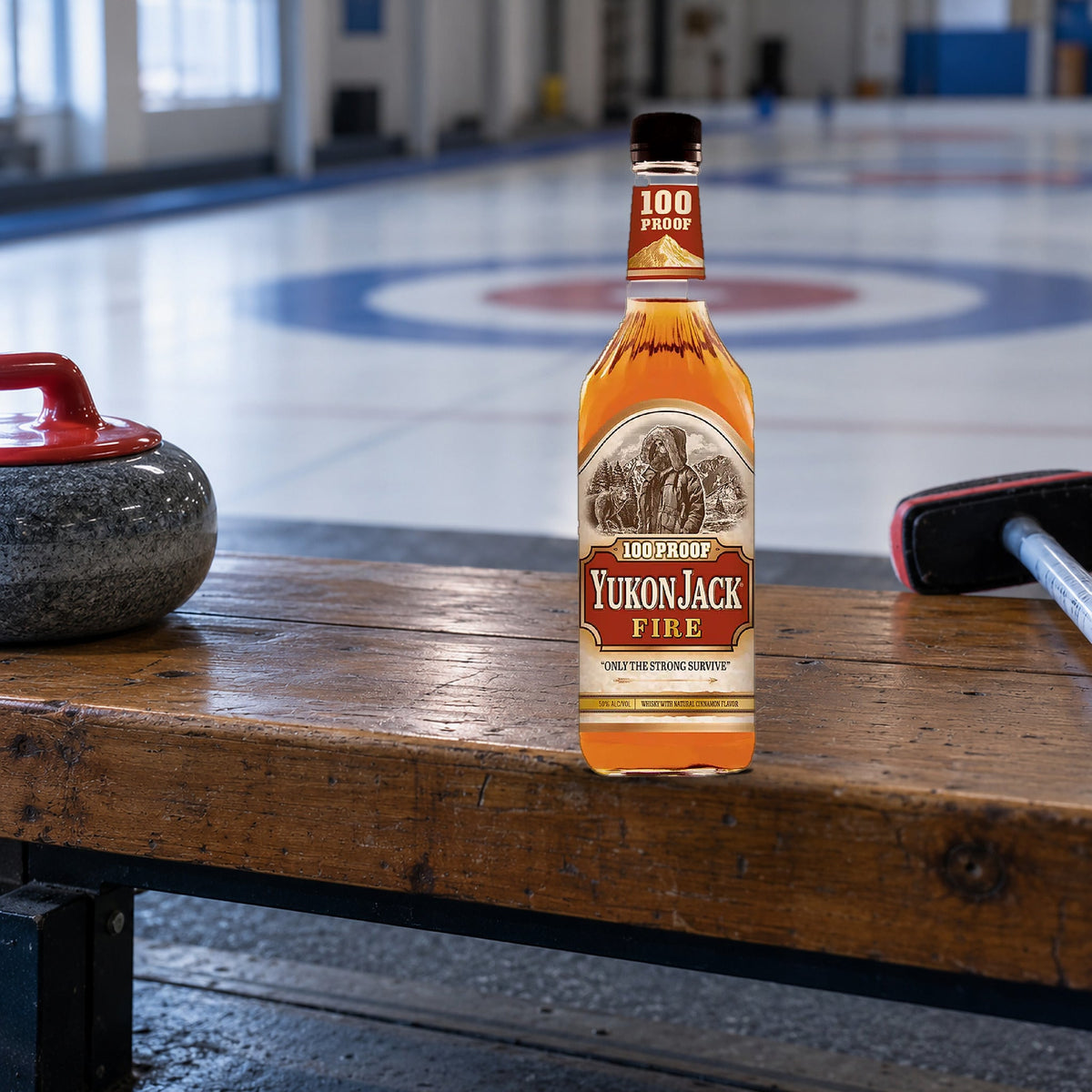 Yukon Jack Fire Liqueur curling rink bench